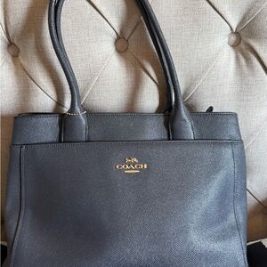 Coach Navy Leather Tote with Gold Logo